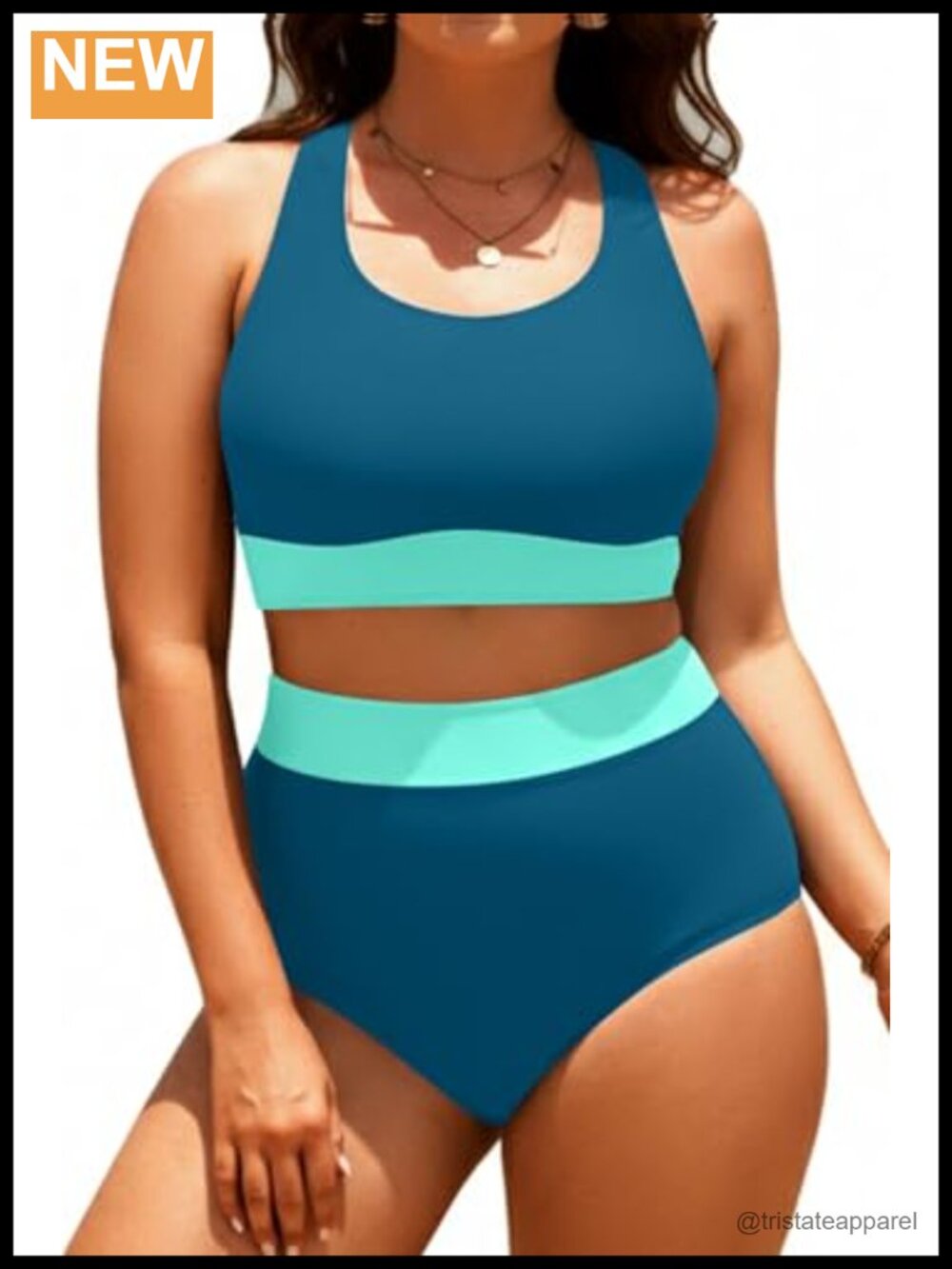 Plus Size Colorblock Two Piece High Waisted Bikini Set Scoop Neck Swimsuit